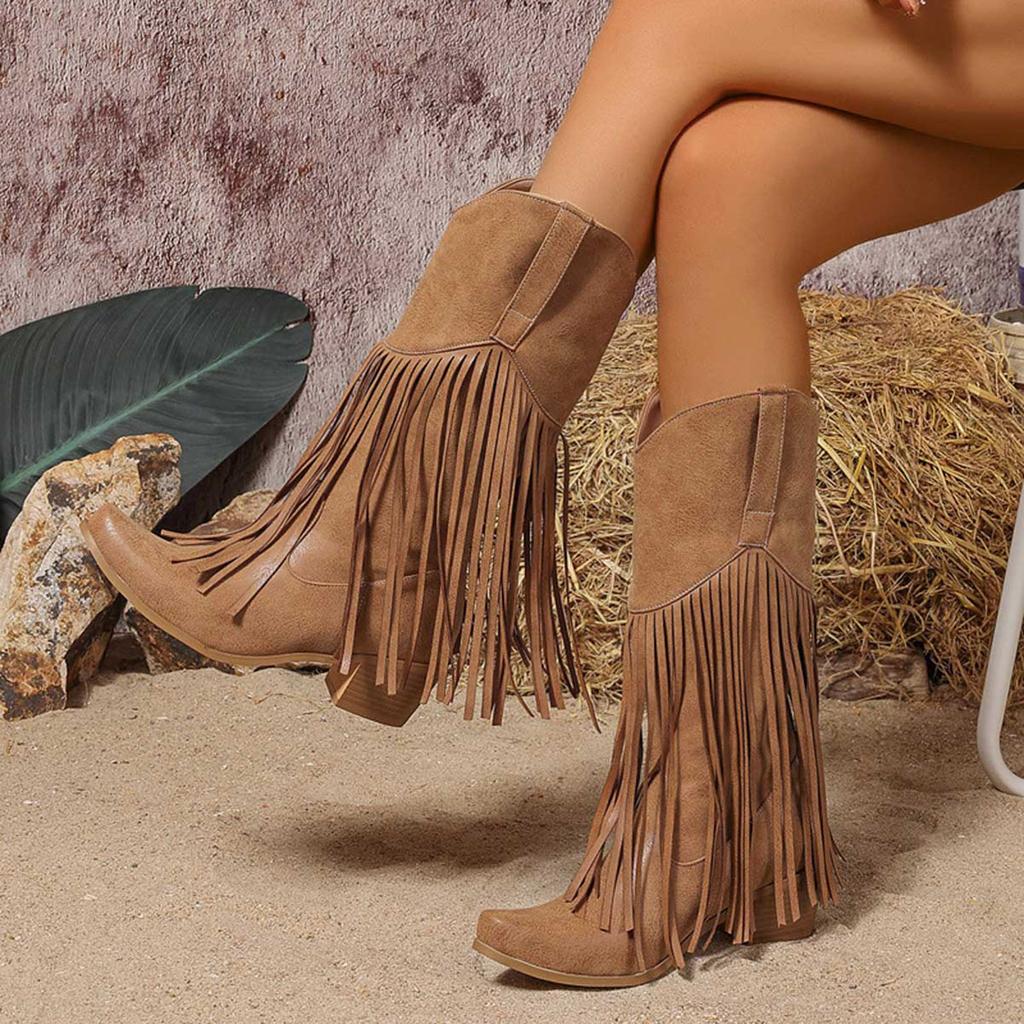 Stivali Alti da Donna con Frange e Tacco Spesso in Pelle a Punta Stivali da Cowboy alla Moda Casual Stivali con Tacco Alto da Donna Veri