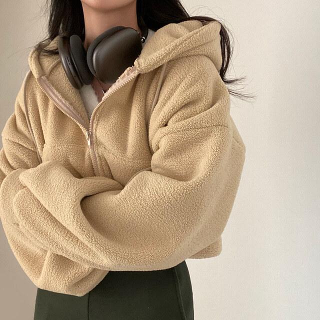 Sherpa Hoodie Women Autumn Winter Thick Warm Plush Jacket Short Zipper Hooded Coat Women