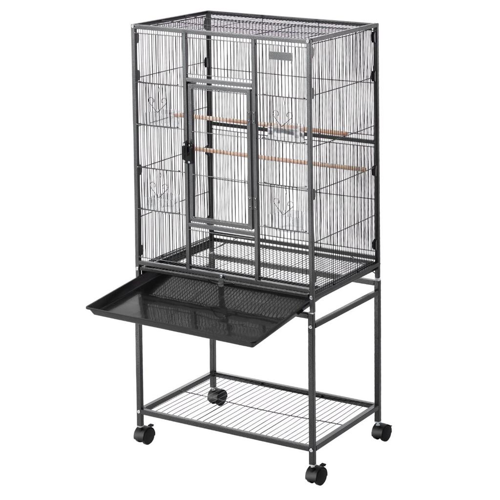 Bird Cage, 625 x 425 x 1370 mm, Flat Top, Wrought Iron Bird Flight Cage with Perches, Slide-Out Tray and Plastic Feeders, Casters, for Parrot, Blue