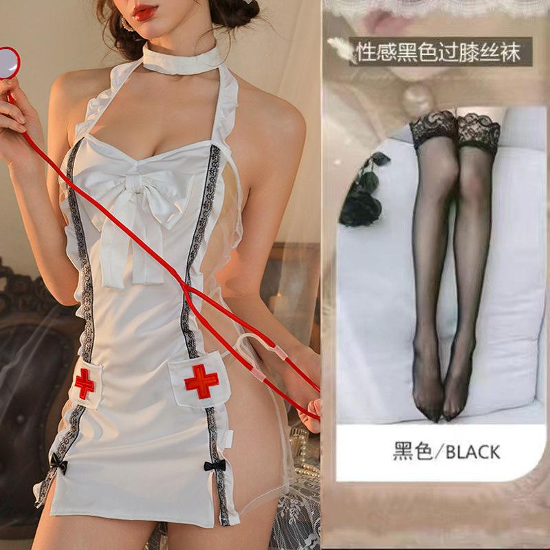 Lingerie Suspender Lace Perspective Nurse Hot Sexy Passion Bed Bow Uniform Cover