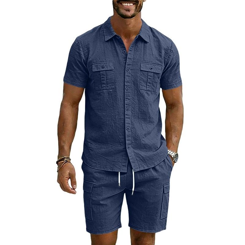 Casual Solid Color Linen Two Piece Sets Mens 2026 Spring Summer Fashion Short Sleeve Shirts and Shorts Outfits Men Linen Suits