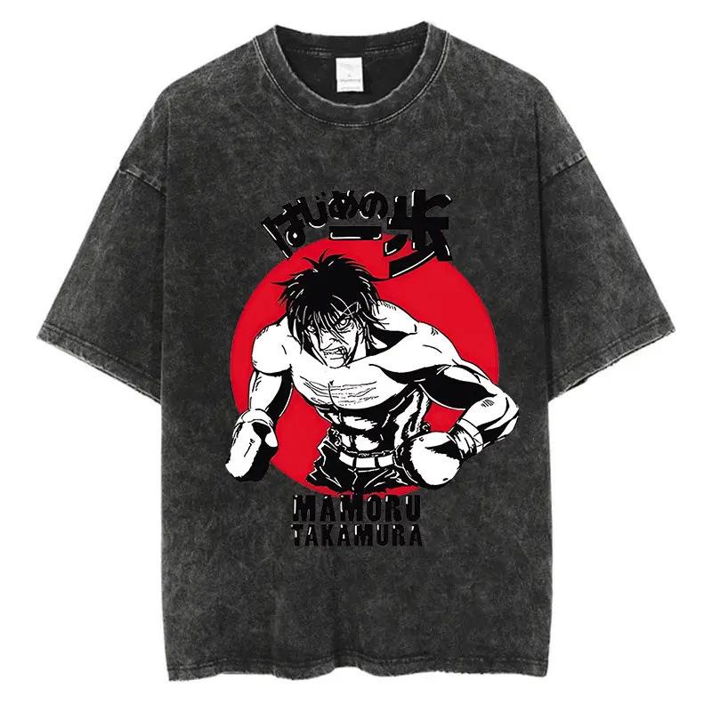 Loose Design Retro Washing Black Cotton Washing Cartoon Old Street Short-sleeved Men's T-shirt