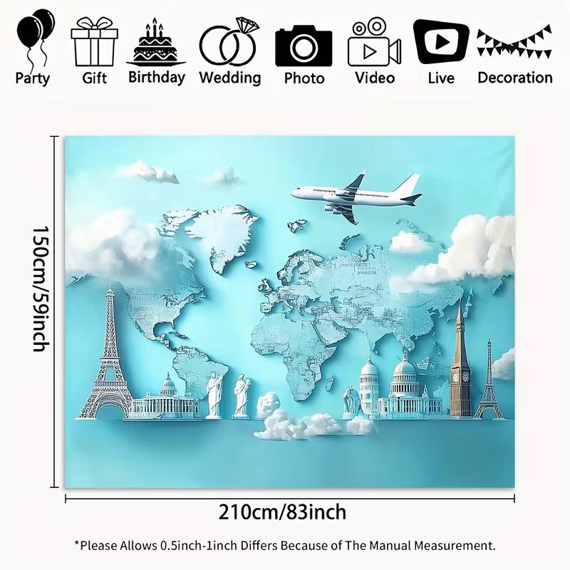 

2D World Map Landmark Backdrop for Travel Themed Party Photoshoot 47.2x31.5inch/120*80cm