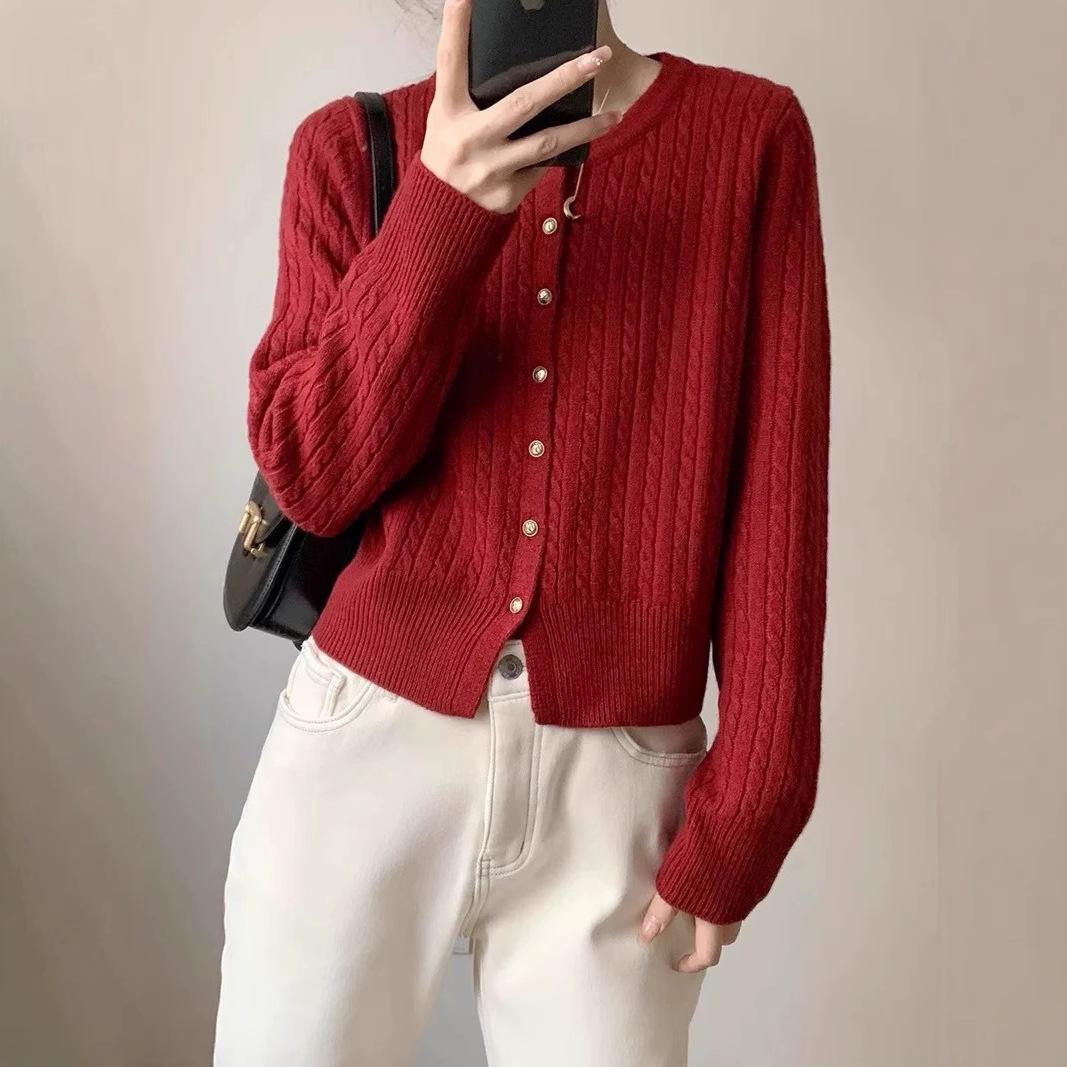 

Женский многоцветный свитер крупной вязки - Корейский стиль, Мягкий и повседневный, Кардиган-пальто Весна/Осень 2024 Medium красный