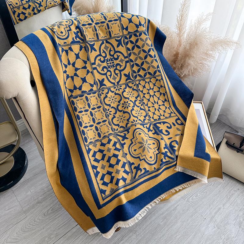 Winter  Two-Sided Geometric Scarf Mature Imitation Cashmere Warm Shawl Autumn Office Coldproof Windproof Wrapped Scarf