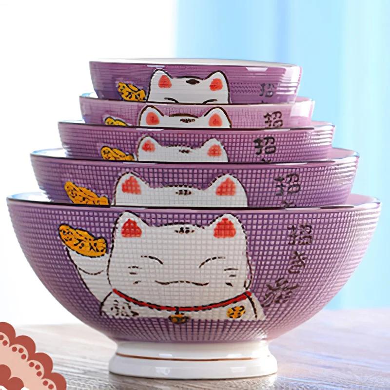 Ceramic High Bowl Multi-Sized Colorful Lucky Cat Soup Bowl Salad Bowl Underglaze Kitchen Household Tableware Children's Couple