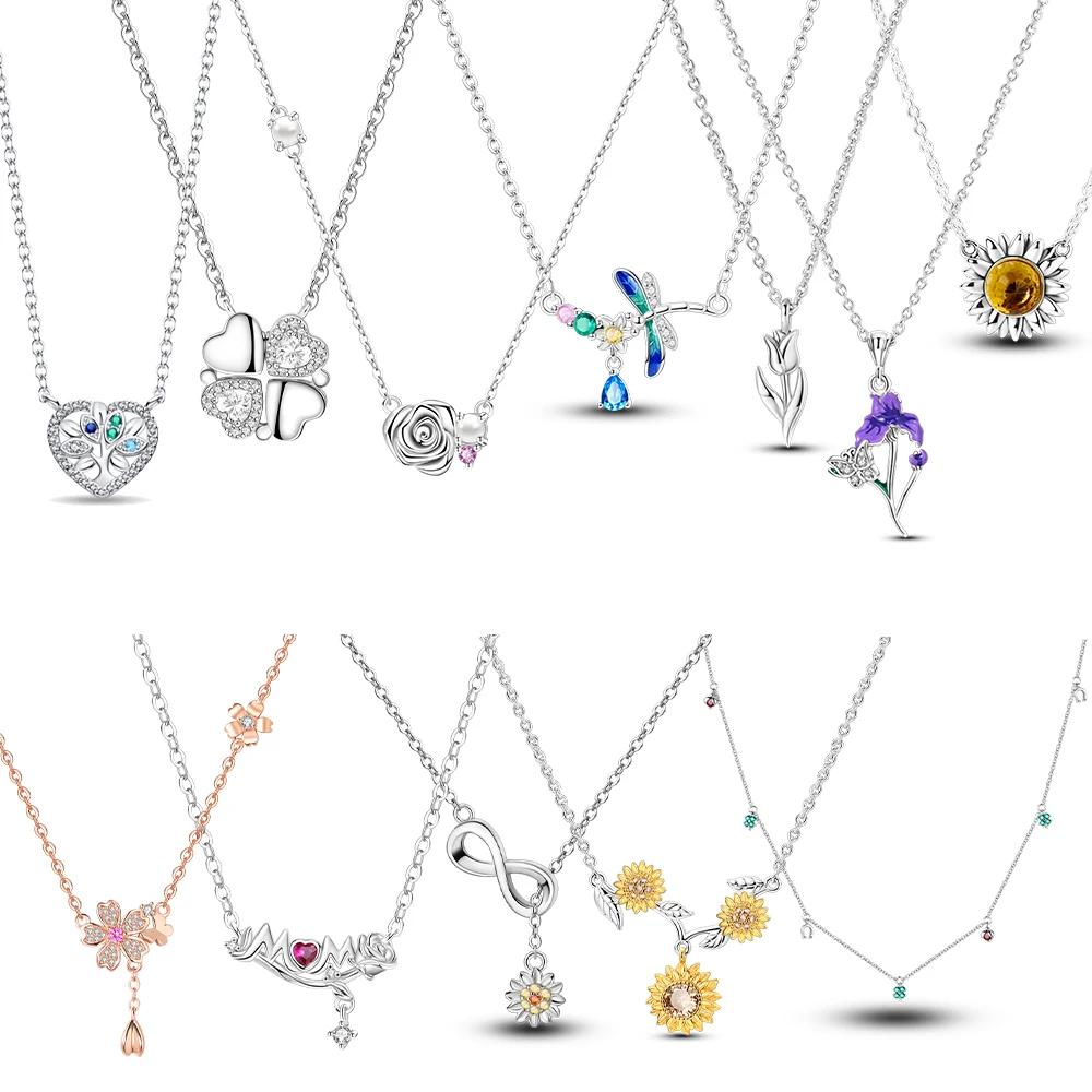 Authentic Purple Iris Flower Necklaces Sunflower Fourleaf Shamrock Pendant copper Necklaces Women Jewellery Fine Anniversary Gift