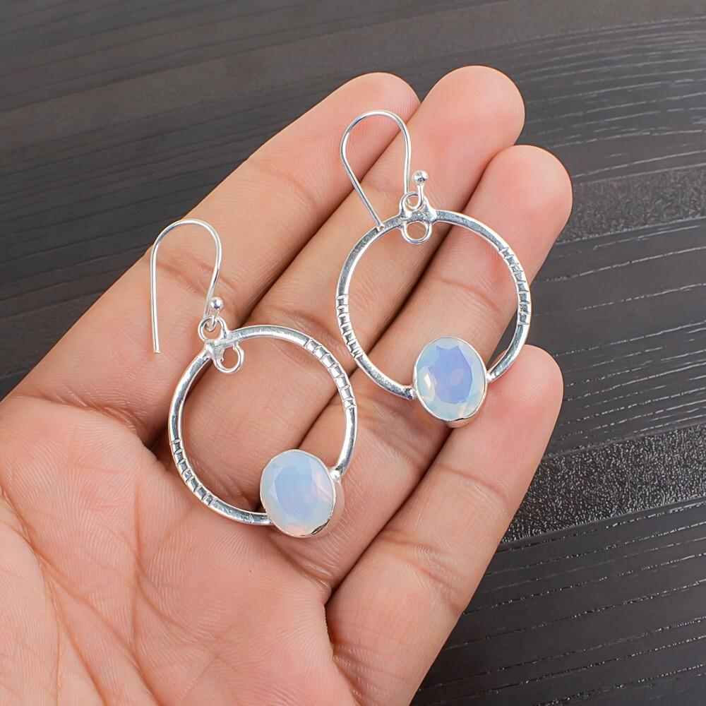 Milky Opal Gemstone 925 Sterling Silver Jewelry Handmade Earrings 1.37" For Gift EE-67-14