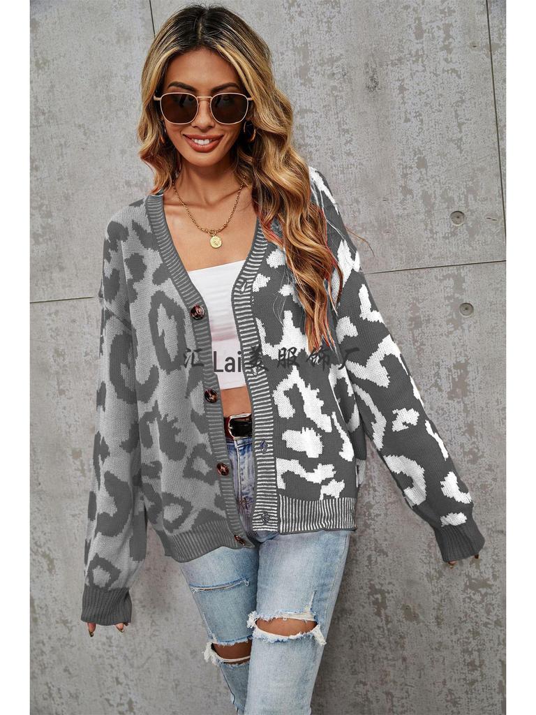 European & American Leopard Print Knitted Cardigan: Autumn/Winter, Mid-Length, Round Neck, Single-Breasted, Streetwear Style, Plus Size Sweater