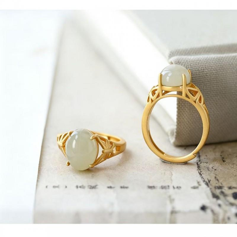 Adjustable Open Ring Women Men Copper Gold Plated Jade Butterfly Filigree Vintage Boho Jewelry