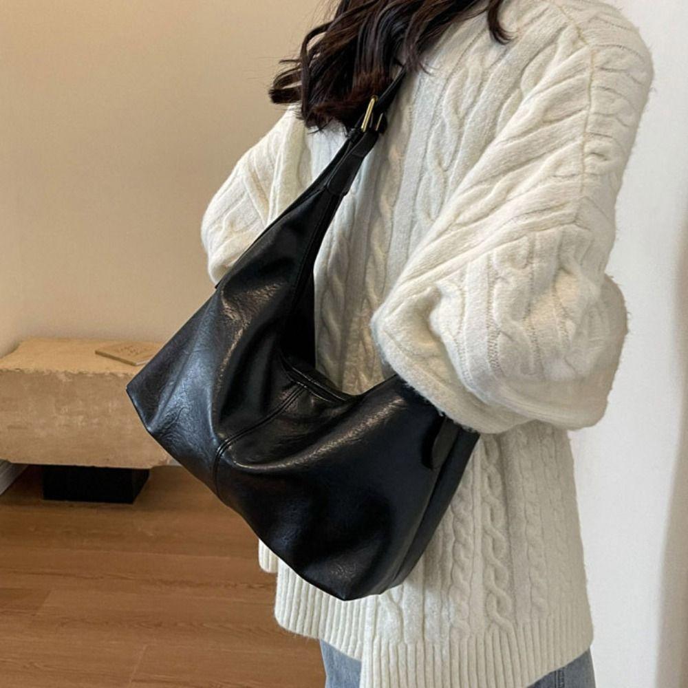 Solid Color Large Capacity Handbag Tote Bag Underarm Packs Casual Retro PU Tote Bag Office Worker