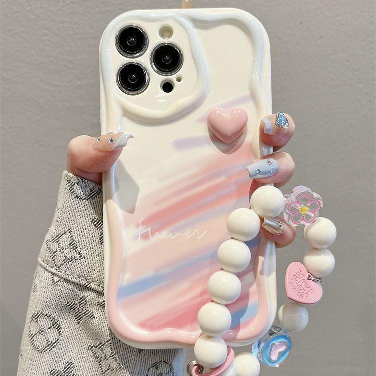 

For iPhone 16 Pro Case Rainbow Graffiti 3D Heart Decor Silicone Phone Cover with Beaded Strap A