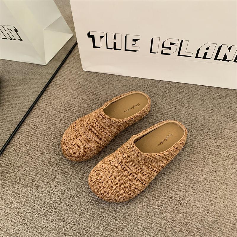 Wind woven hollow breathable bag head half slippers women wear flat bottom summer new lazy sandals