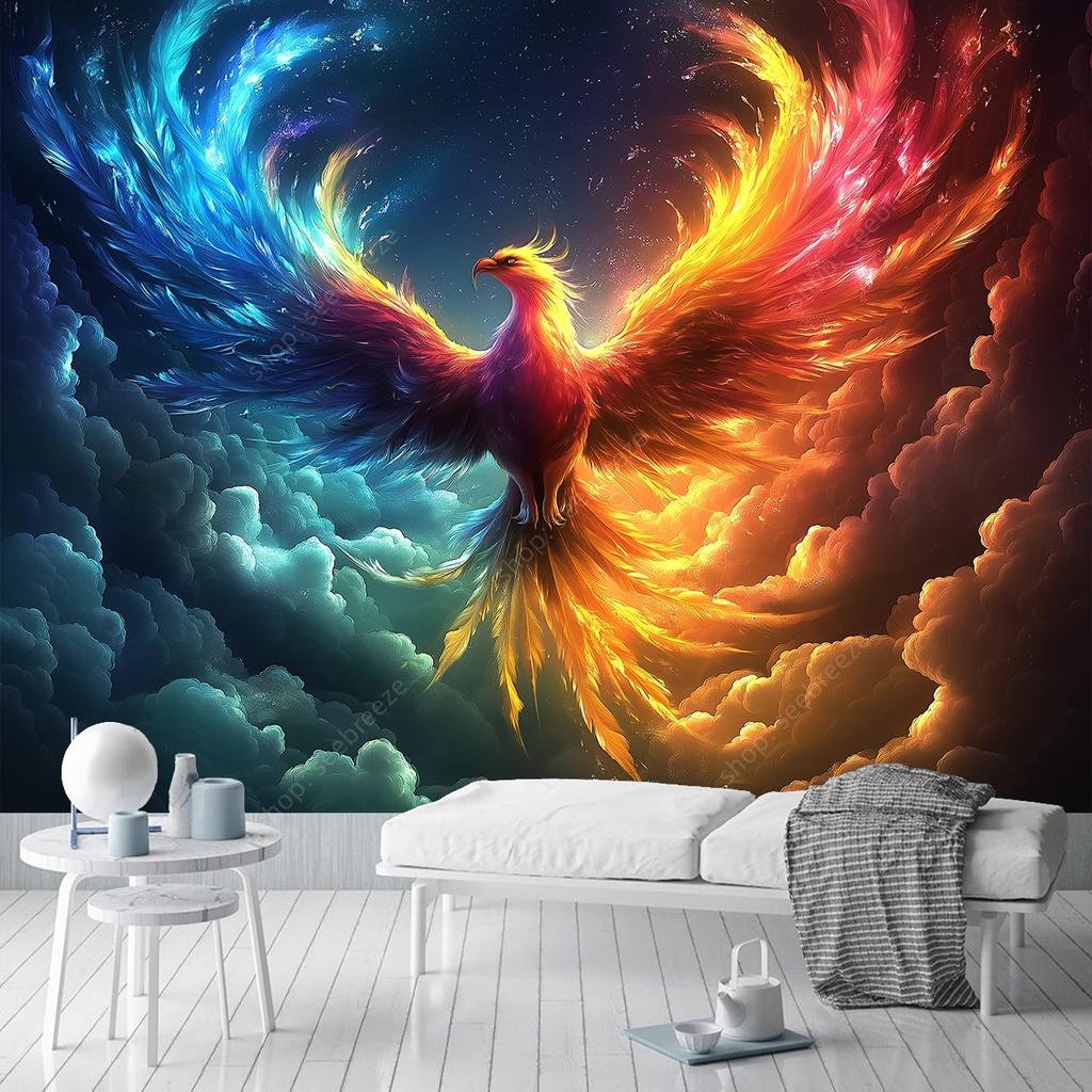 Vibrant Phoenix Tapestry  Cosmic Art for Bedroom Decor Modern Style Enhance Your Space with Mythical Vibes and Colors