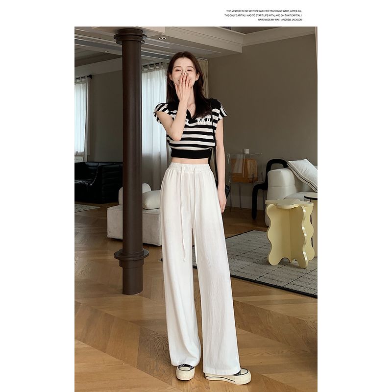 Large Size Women's Clothing Chubby Girl Hong Kong Style Retro Artsy Spring/Summer New Arrival Elastic Waist White Loose-Fitting Wide-Leg Trousers Tide