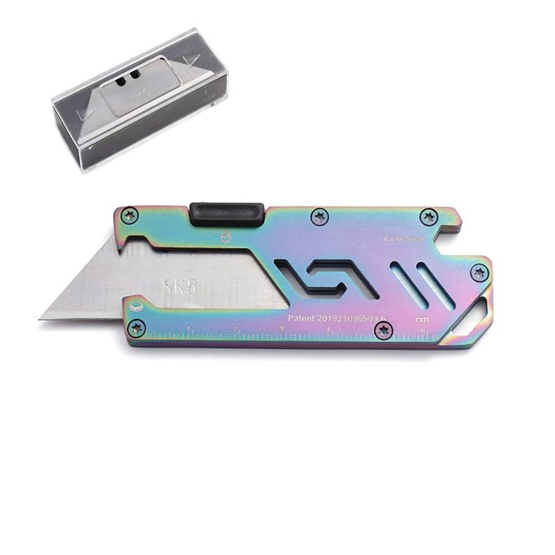 Stainless Steel EDC Folding Utility Knife, Multifunctional Paper Cutter, Manual Knife, Bottle Opener, Key for Camping, Hiking
