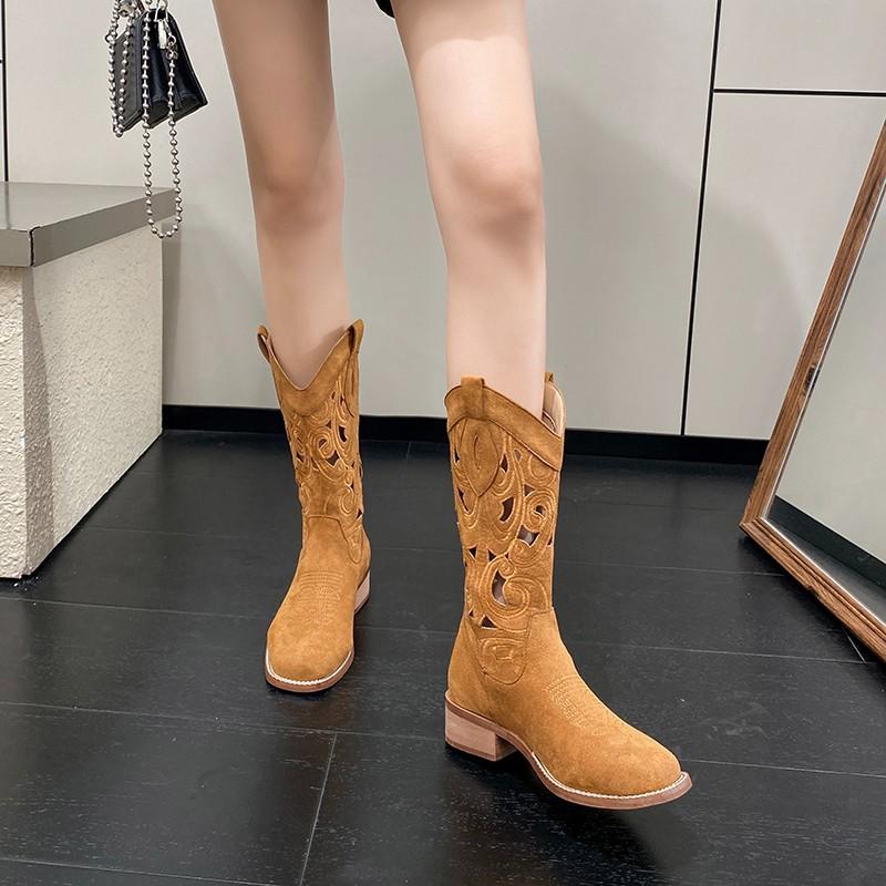 Embroidered retro western cowboy boots hollow summer thin boots women's summer breathable fashion boots medium tube knight boots