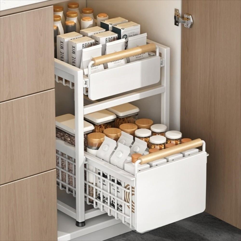 Pull Out Drawer Basket Rack with Wooden Handle Double-layer Under Sink Rack Organizer Sliding Kitchen Storage Rack