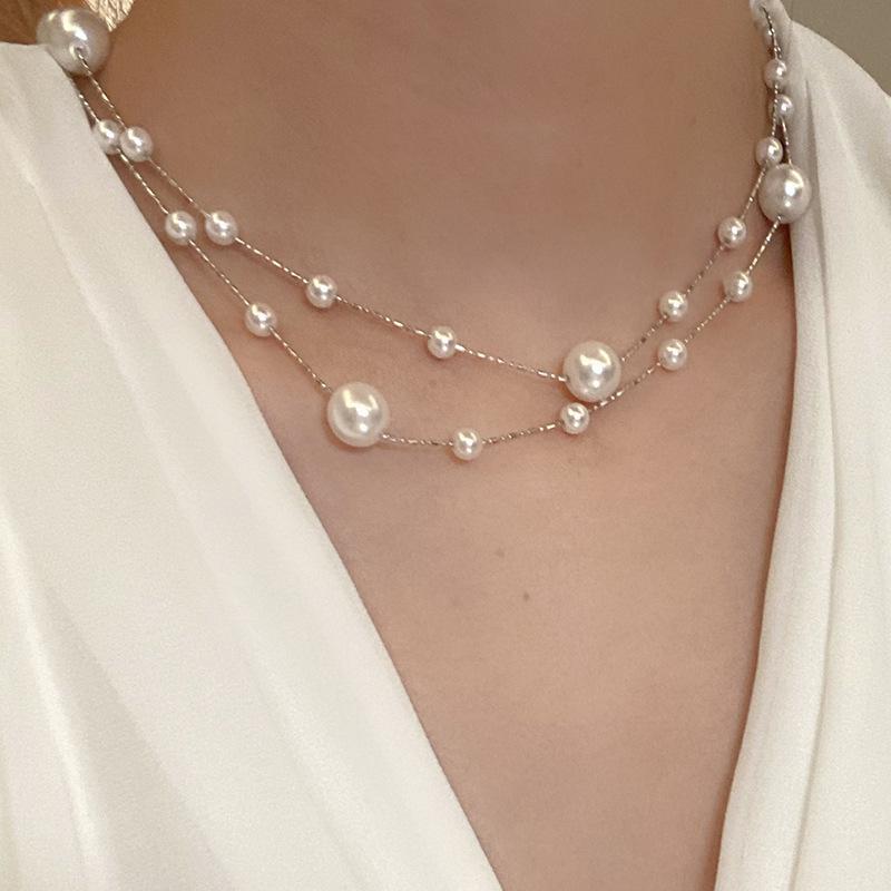 Large and Small Pearl Double-layer Necklace French Light Luxury High-end Sweater Chain Retro Temperament Elegant Necklace