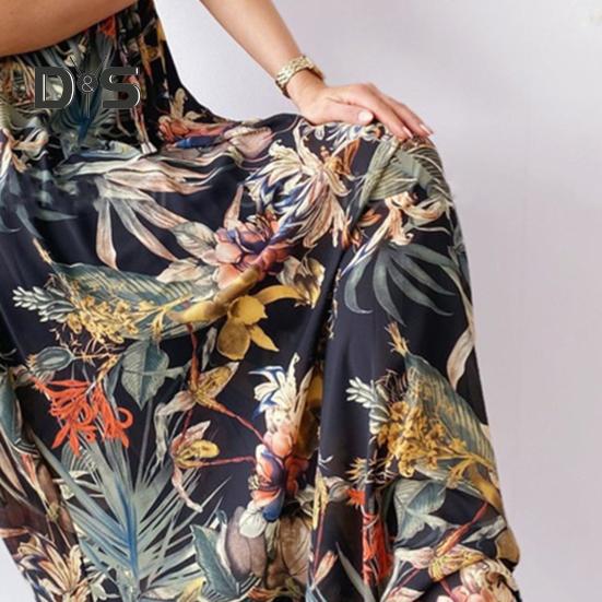 Women Vacation Dress Sleeveless V Neck Backless Floral Printing High Waist Drawstring Beach Dress Bohemian Style Maxi Dress