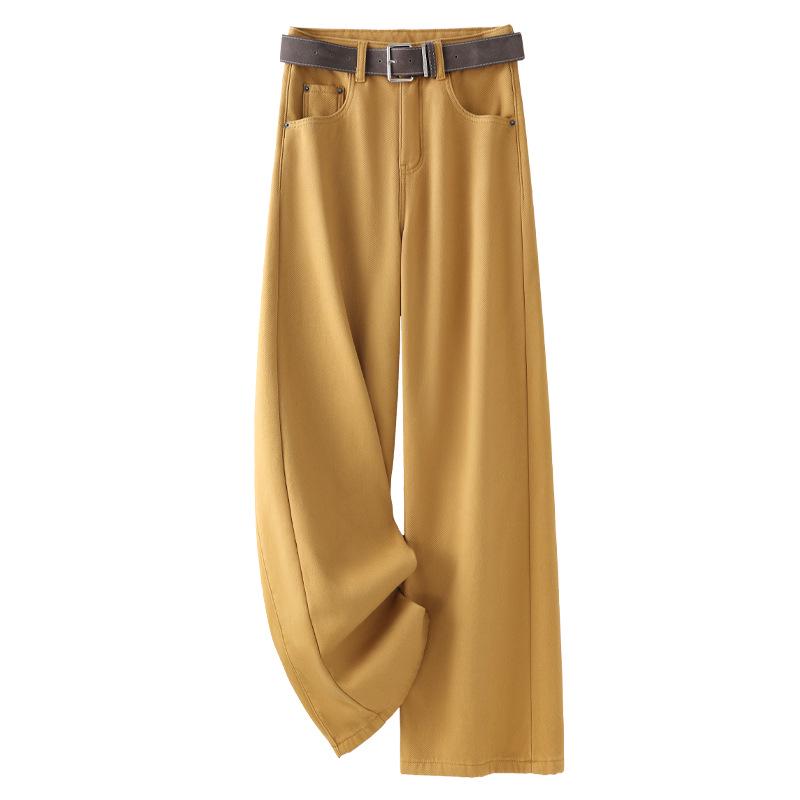 

Желтые свободные джинсы прямого кроя на флисовой подкладке - Женские зимние 2024 Американские ретро широкие брюки S