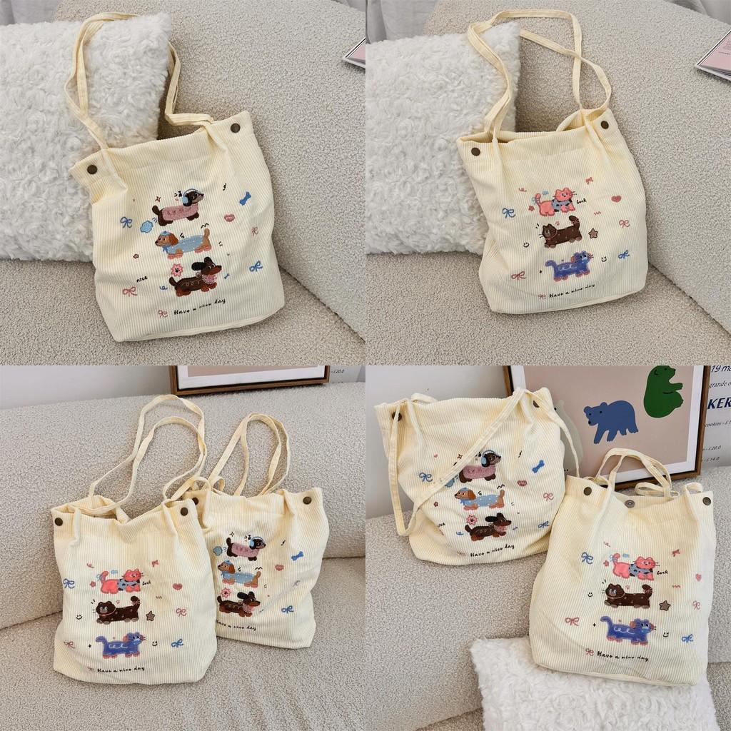 Stylish Embroidered Cartoon Dog And Cat Corduroy Shoulder Bag For Everyday Use