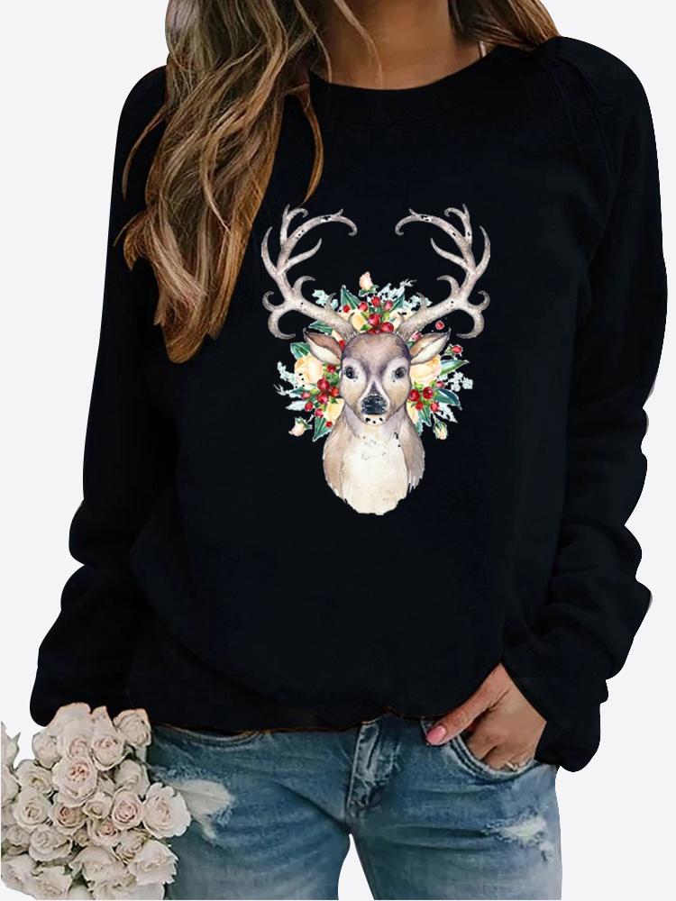 Autumn and Winter Women's Christmas Theme Printing Sweater Round Neck Long Sleeve Casual Sweatshirt Plus Size Top