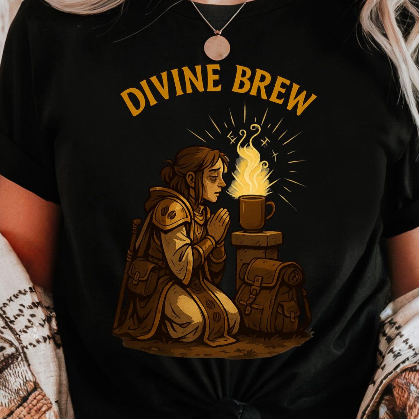 Cleric Praying to the Coffee Gods T-Shirt | RPG Adventurer Coffee Tee 4XL