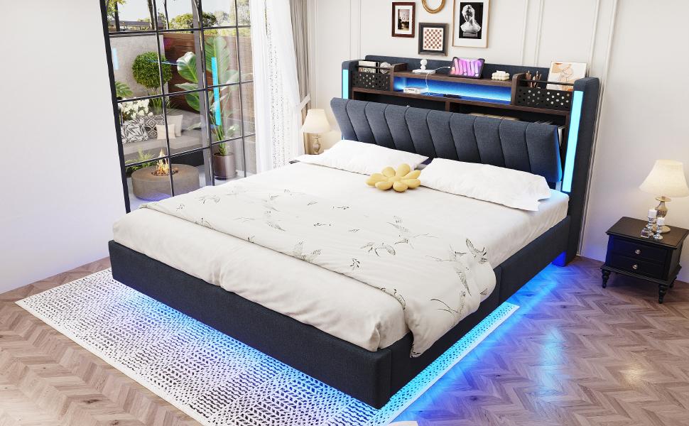 Upholstered Bed 140*200 with LED Lighting and USB Socket, Headboard with Storage Space, Floating Bed Youth Bed Adult Bed, Linen Fabric, Grey