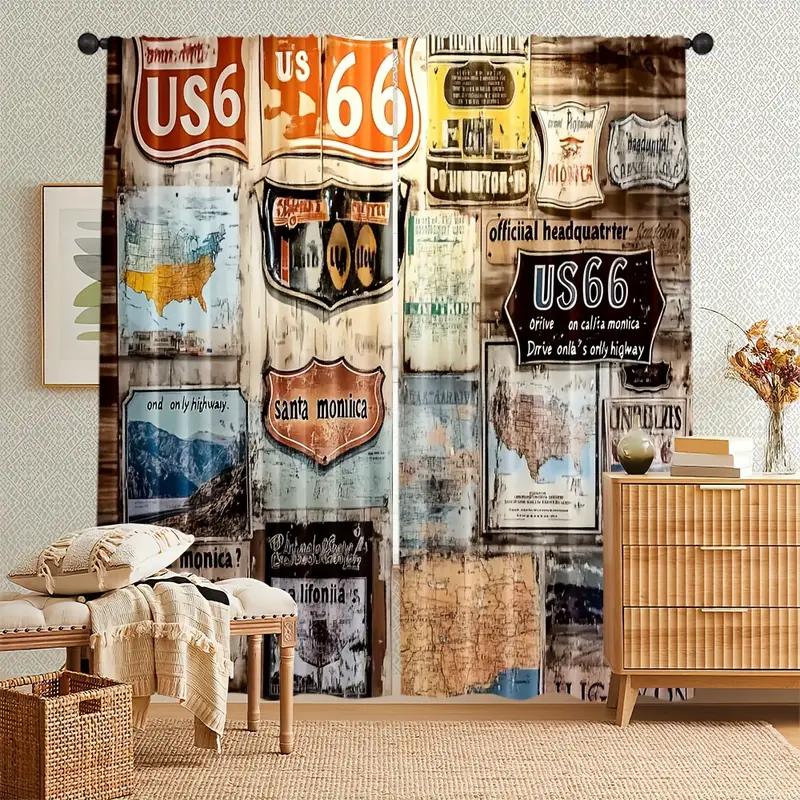 2pcs Retro US Route 66 Sign Printed Curtains, Designed for Light Filtering, Quality Material, Ideal for Vintage Style Home Windo