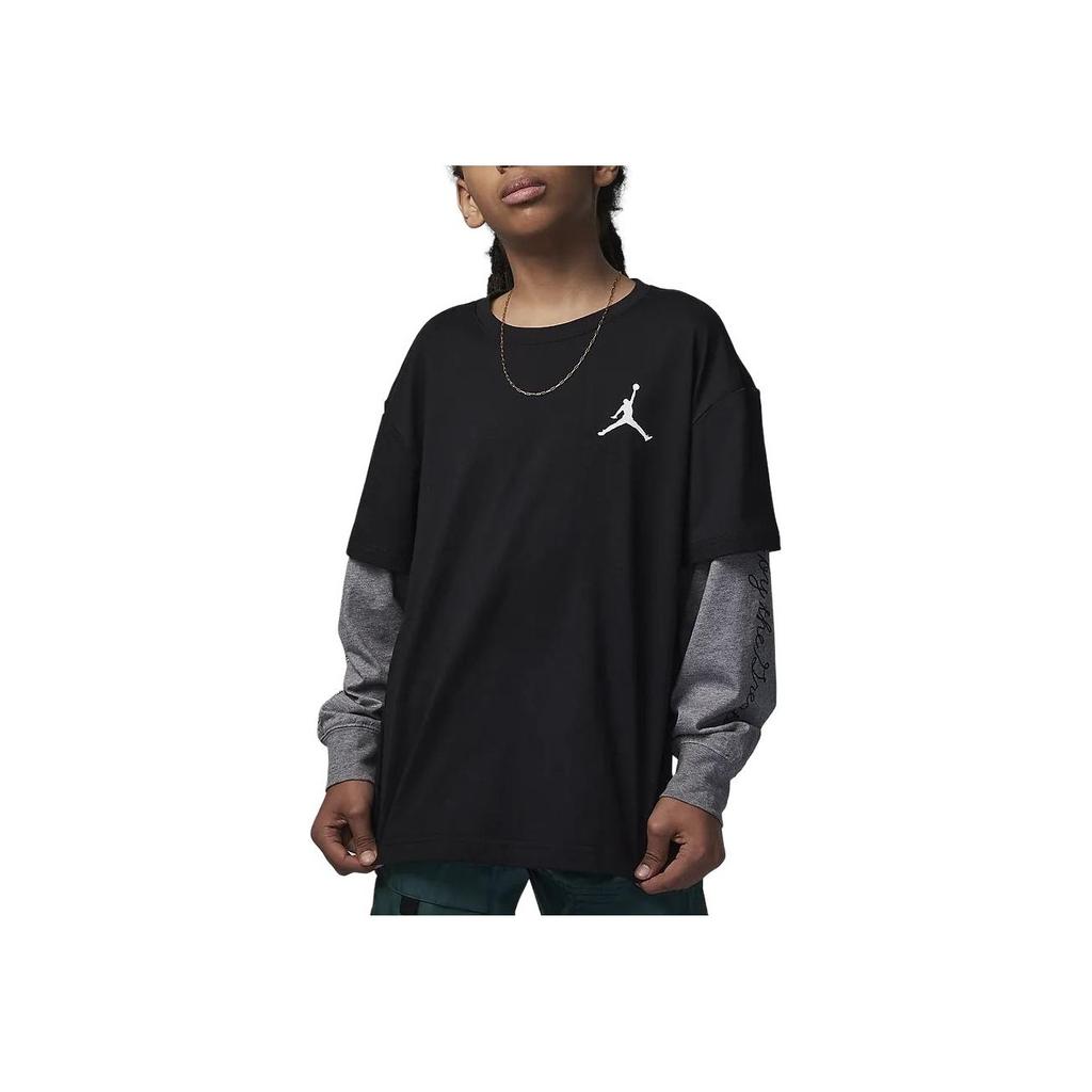 Jordan Stitch Patch Logo Round Neck Fake Two-Piece Long Sleeve Printed T-Shirt Kids Tops Black HF2312-010