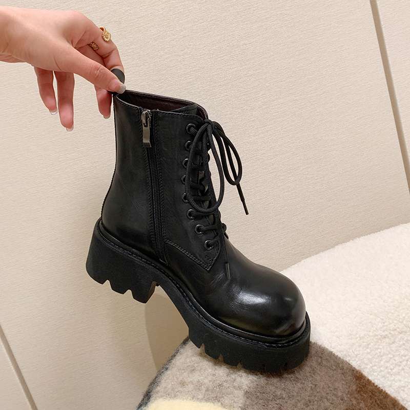 Krazing Pot Kuskinn Høst Vinter Sko Rund Tå Medium Hæler Snøring Motorsykkelstøvler Dame Ankelstøvletter