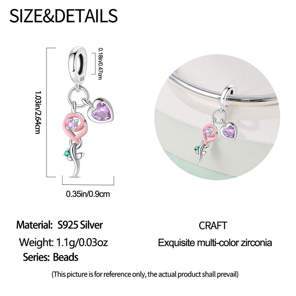 Original Copper Charms Luxury Pink Rose Pendant Plant Beads Fit Bracelet Diy Women Making Delicate Gift