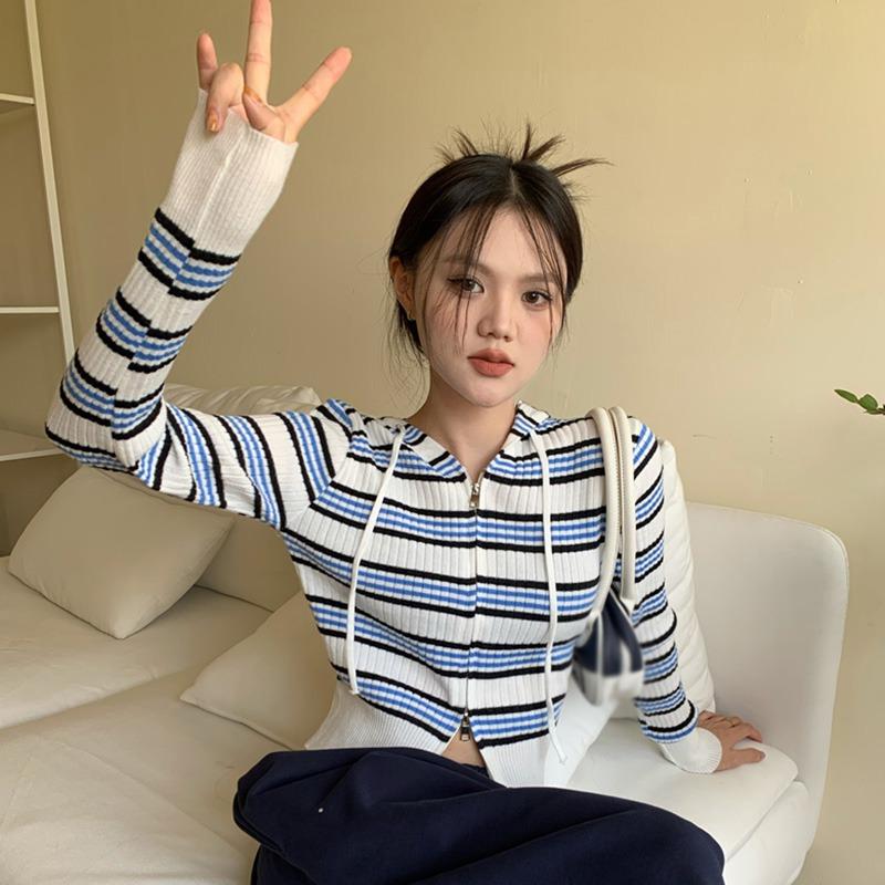 Hooded Stripe Double Zip Small Short Long Sleeve T-Shirt Top - One Size Pink