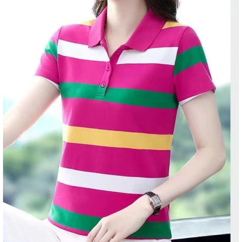 YYFS Women's Fashion Casual Summer Spring Stripe Print Short Sleeve POLO Neck Blouses & Shirts