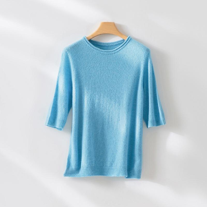 

Женский осенний трикотажный свитер с короткими рукавами из смесовой тенселовой шерсти, однотонный, с круглым вырезом. L