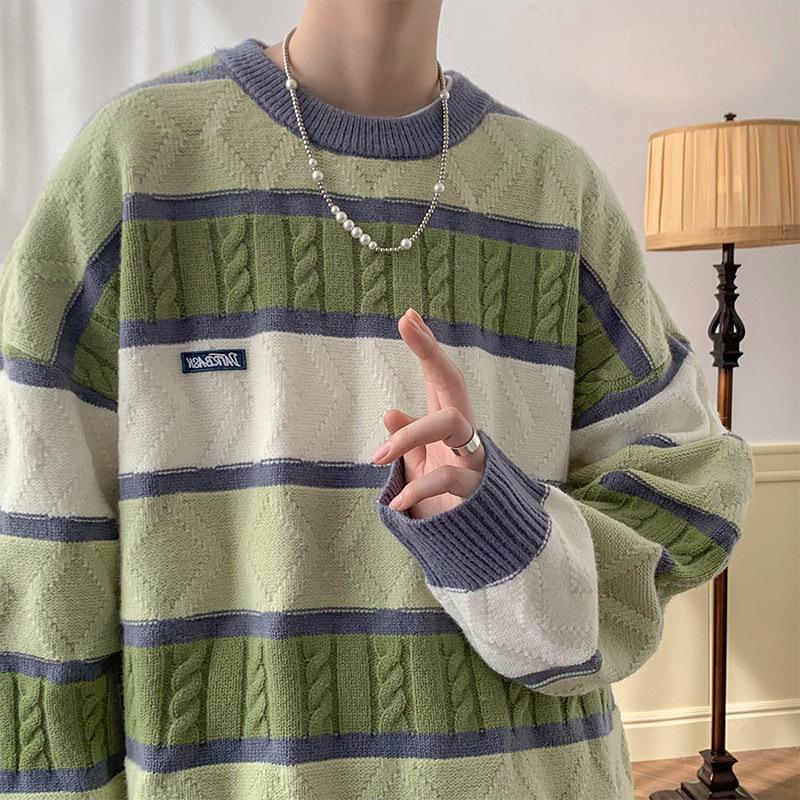 Unisex Vintage Japonský Svetr s Kontrastními Pruhy a Kulatým Výstřihem - Zimní Vysokoškolský Styl, Silně Pletený, Hřejivý pro Muže a Ženy.