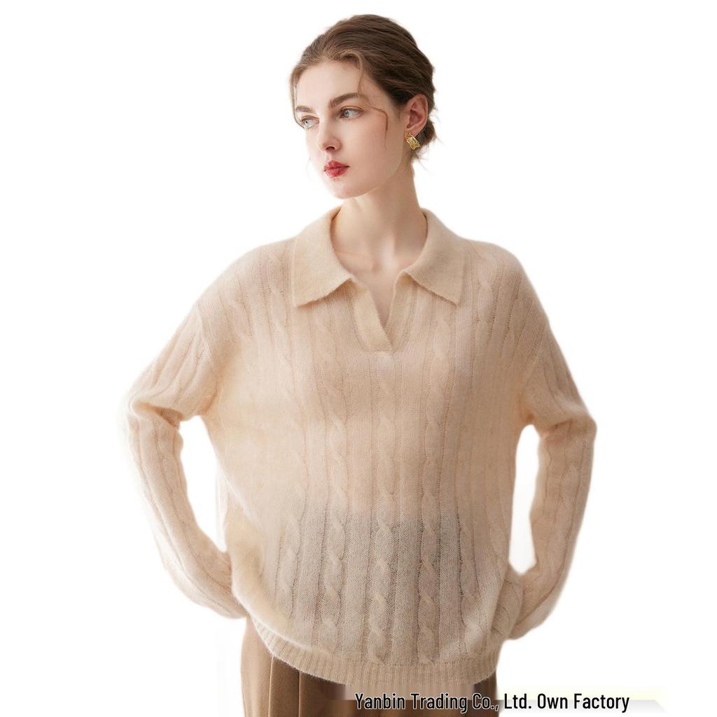 Women's Cashmere Cable Knit Sweater - New Lapel Style, Loose Fit, Autumn/Winter Versatile Top in Pink, Purple, and Light Blue.