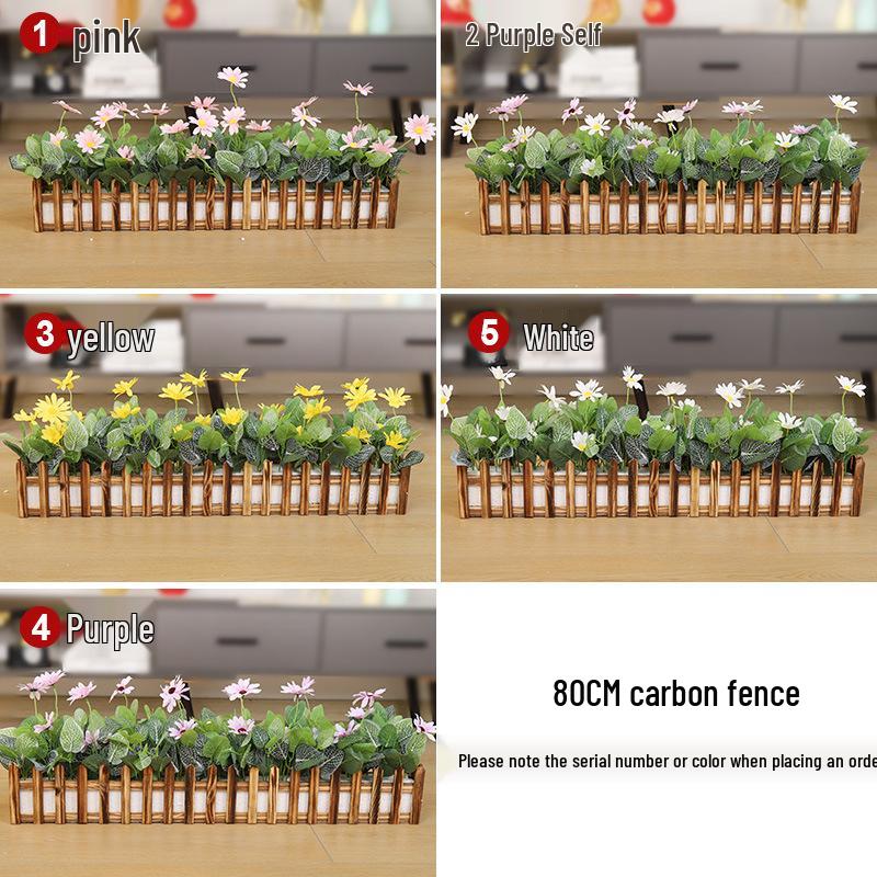 Silk Flower Pot with Wood Fence: Decorative Bonsai for Living Room or Office.