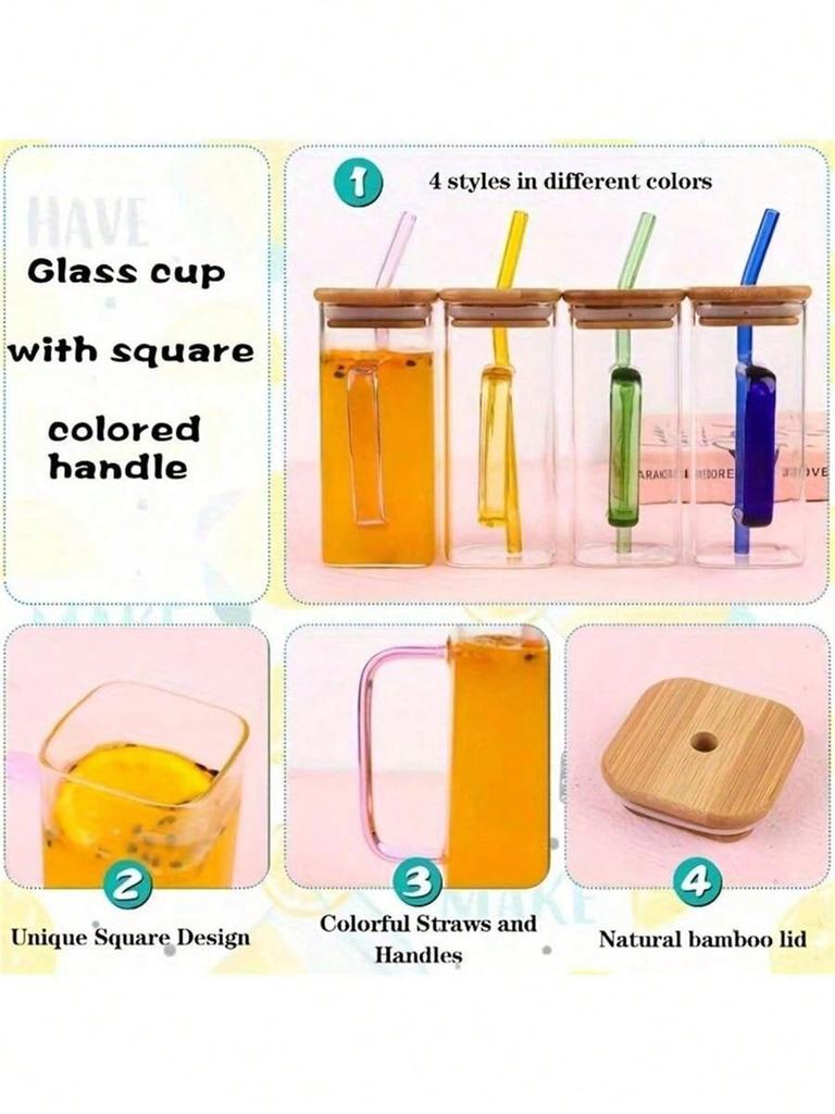 1 pc Bamboo covered straw square glass cup, transparent water cup with handle, iced coffee cup, juice