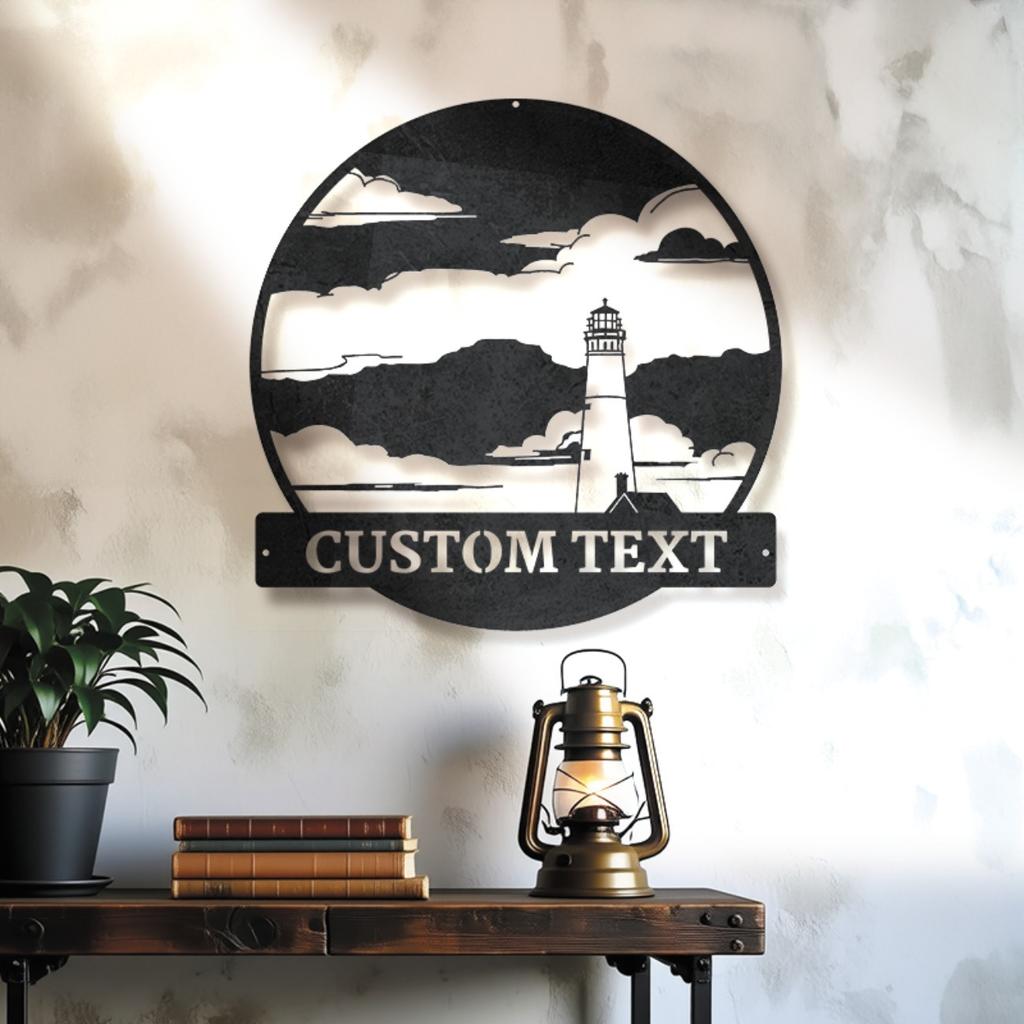 Custom Coastal Lighthouse Metal Wall Art Black White Design Personalized Text Nautical Beach House Decor