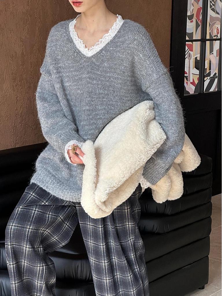 Ju Zhi 2024 Autumn/Winter Korean Loose Casual V-Neck Pullover Sweater Knitwear