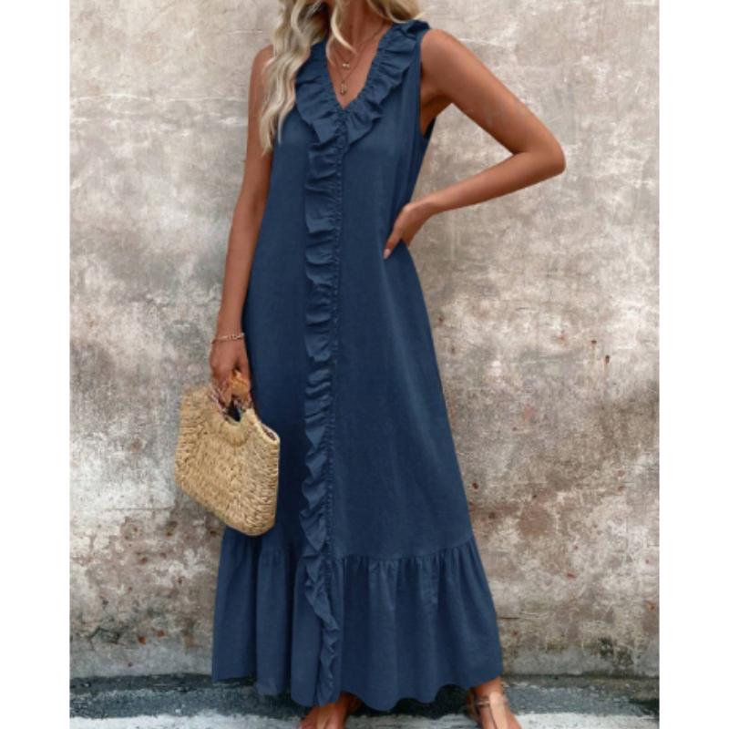 Bohemian Maxikleider Für Damen Im Frühling Und Sommer, Einfarbiges, Ärmelloses, Geräuchertes Langes Kleid Mit V-Ausschnitt Und Plissee
