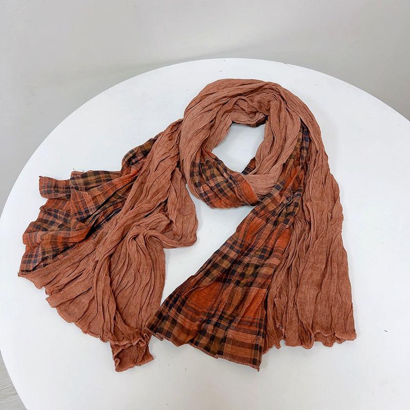 Johnature Cachecol Japonês Feminino Patchwork Vintage Cor de Destaque Elegante Quente Plissado Outono Inverno Cachecol Xale