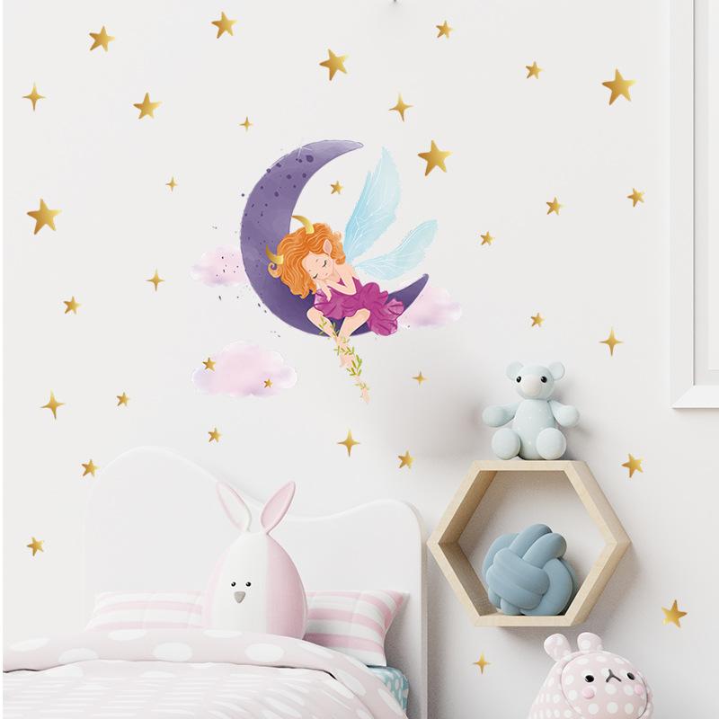 Goodnight Moon Girl with Stars and Clouds Wall Sticker Self-Adhesive Removable for Kids Room Nursery Home Decor