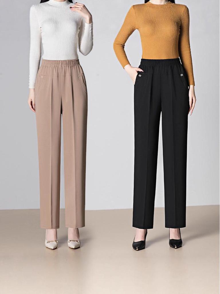 Spring & Autumn Casual Elastic Waist Pants for Middle-Aged Women - Solid Color, Comfortable, Leg-Lengthening Design