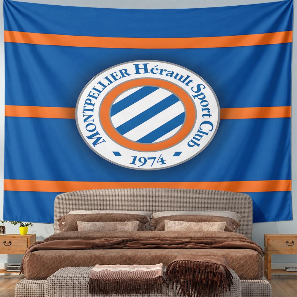 Montpellier Herault Sport Club 1974 Crest Blue Orange Striped Wall Tapestry French Football Fan Decor for Bedroom Gift