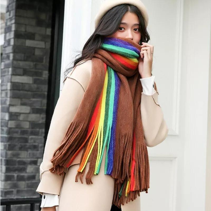 Winter Warm Scarf Women Knitted Thicken Shawls Cashmere Tassels Rainbow Stripes Designer Wrap Pashmina Fashion Lady Female