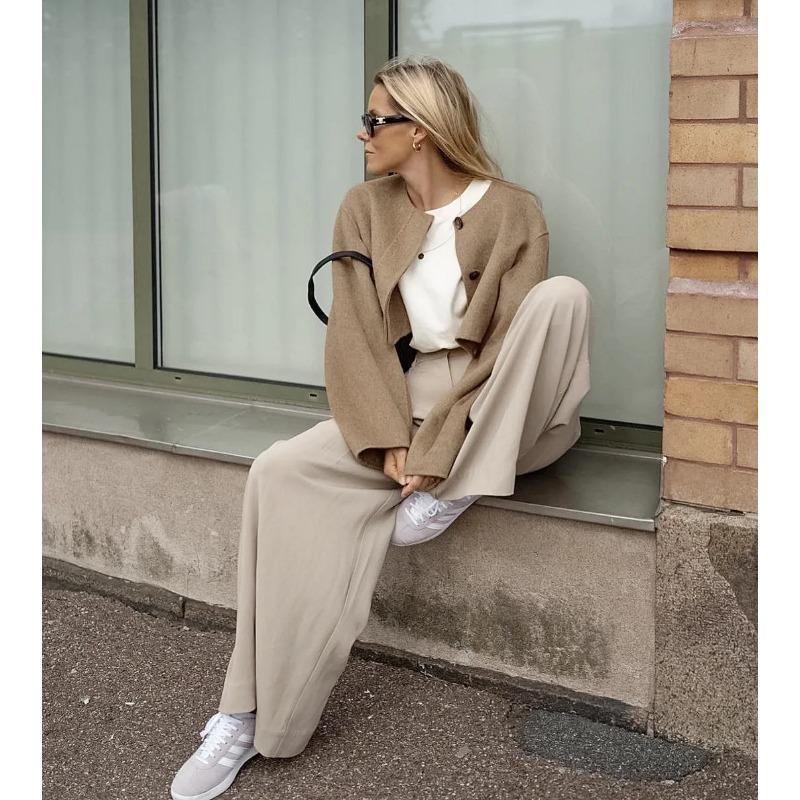 Dámský zkrácený kabát s dlouhým rukávem a knoflíkem, kulatý výstřih, demi-sezónní bunda, svrchní oděv pro office lady, podzim, zima, nový, 2024