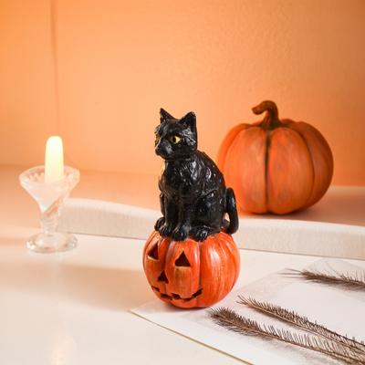 Figura de Gato Negro Calabaza, Adorno de Escritorio de Halloween de Resina, Linda Decoración Estilo Oscuro Divertido para Ventanas del Hogar Oficina Fiesta